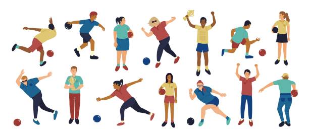 ilustrações, clipart, desenhos animados e ícones de vetor conjunto de homens e mulheres vestidos com vestuário esportivo jogando boliche desenhado à mão ilustração de desenho animado - bowling holding bowling ball hobbies