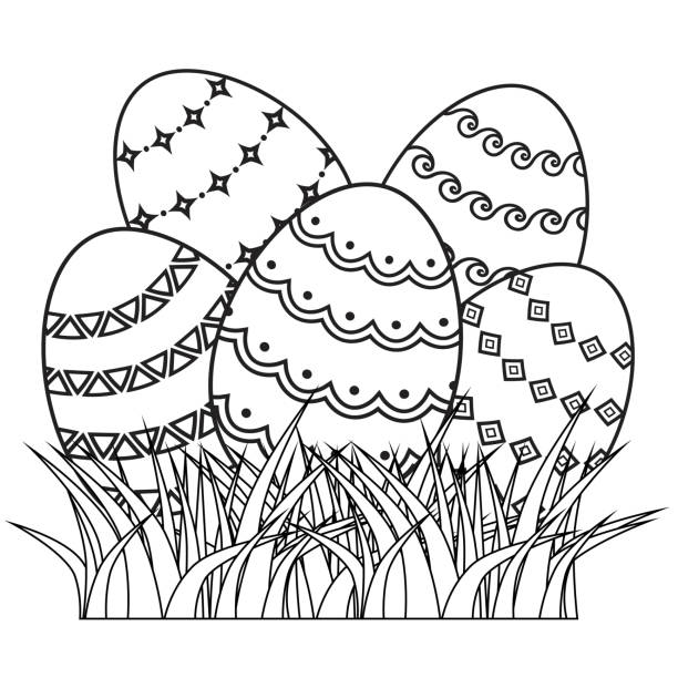 Easter eggs in grass black and white outline doodle vector illustration Easter eggs in grass black and white outline doodle coloring page illustration easter egg coloring stock illustrations