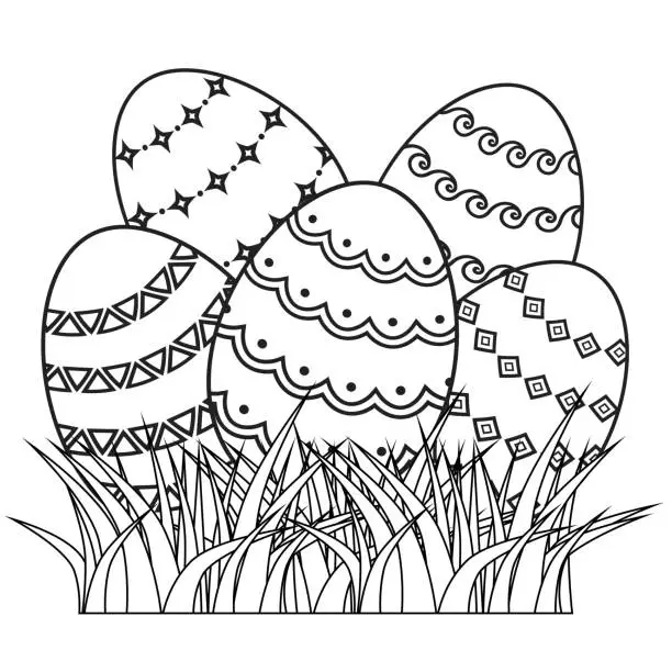 Vector illustration of Easter eggs in grass black and white outline doodle vector illustration