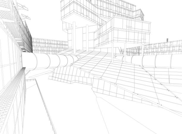 istock Wireframe of a futuristic building from black lines isolated on a white background. Perspective view. 3D. Vector illustration 1386647567
