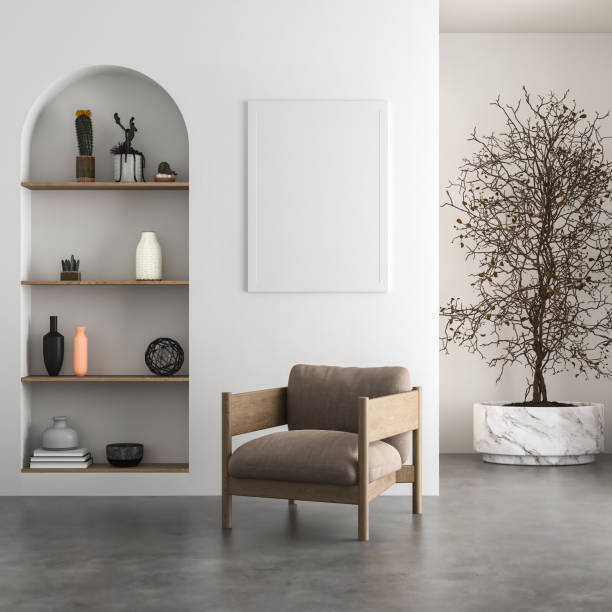 istock Canvas mockup in minimalist interior background with armchair and rustic decor. 1386647597