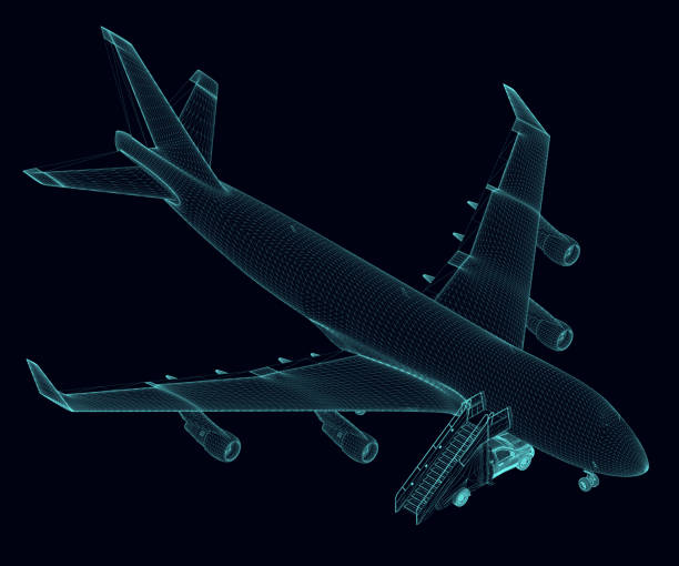 istock Aircraft wireframe with a ladder for disembarking people from blue lines isolated on a dark background. Isometric view. 3D. Vector illustration 1386647883