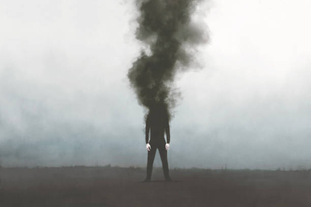 Illustration of man vanishing in a dark black smoke, surreal emotional concept vector art illustration
