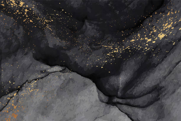 акварельный фон с абстрактными черными чернильные волны и золотые брызги. - marble stock illustrations