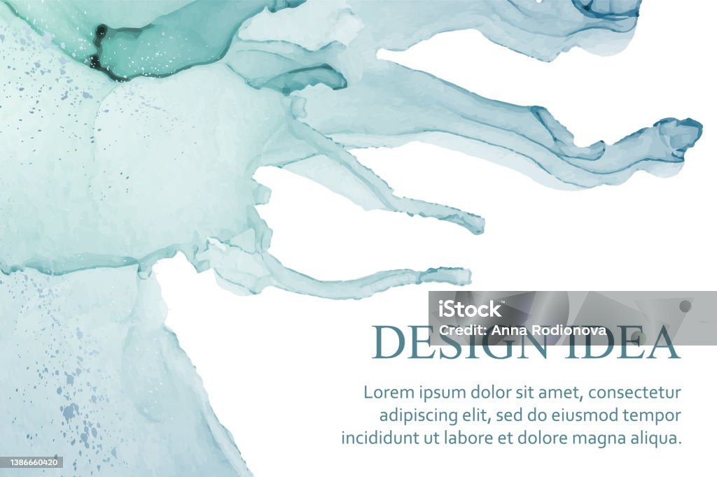 Watercolor Background With Abstract Teal Ink Waves And Splashes Stock