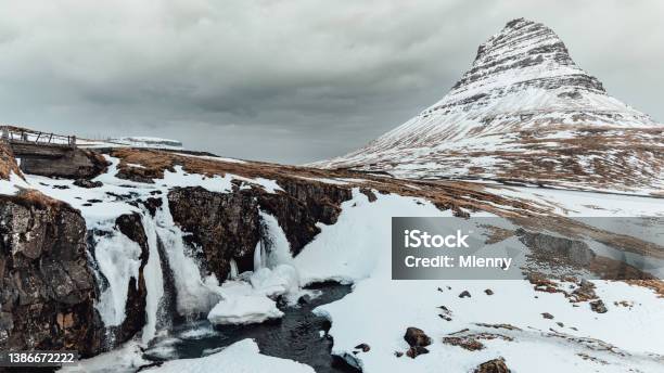 Kirkjufellsfoss Kirkjufell Waterfall In Winter Iceland Stock Photo - Download Image Now