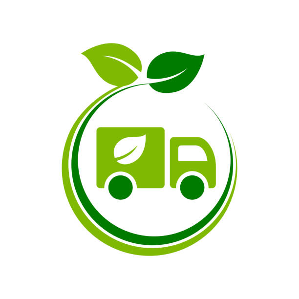 Truck with a leaf icon. Green eco truck inside circle with leaves. Environmental friendly cargo transportation. Carbon neutral shipping logistics. Electric vehicle. Vector illustration, flat, clip art alternative fuel vehicle stock illustrations