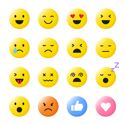 Set of Various Cute Cartoon Yellow Face Emoji Emotion Emoticon 3D Flat Isolated Sign Symbol