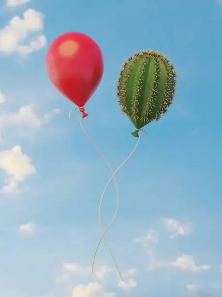cactus balloon and red balloon in the sky 3D-illustration