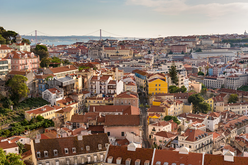 Wide angle cityscape view over Lisbon, Miradouro da Senhora do Monte, Portugal, Europe