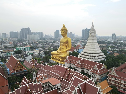 Bangkok, Thailand 20 March 2022:High angle view of Luang Por To and Phra Maha Chedi Maha Ratchamongkhon  at Wat Paknam Phasi Charoen