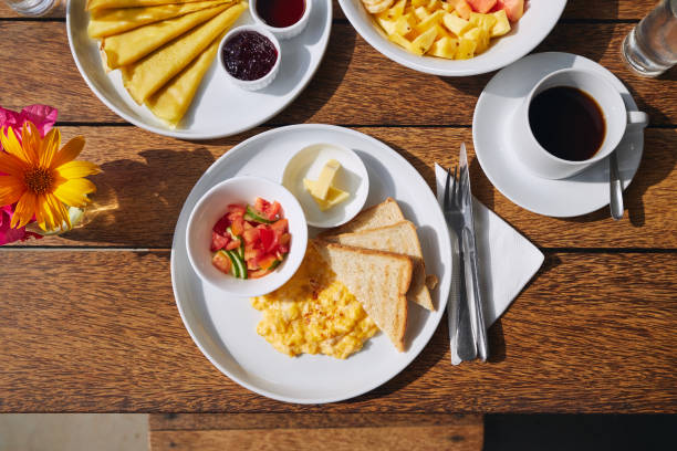 istock Table with breakfast in tourist resort. 1386675817