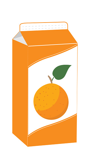 A flat color carton of orange juice on a transparent background. File includes an EPS Vector file and a high-resolution jpg.