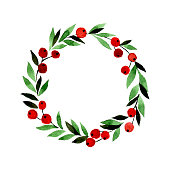 istock watercolor drawing. wreath, round made of leaves and berries. abstract green leaves and red berries. Christmas wreath 1386682231