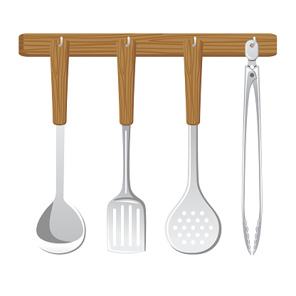 A simple set of kitchen tools hanging on a rack on a transparent background. Includes an EPS Vector file and a high-resolution jpg.