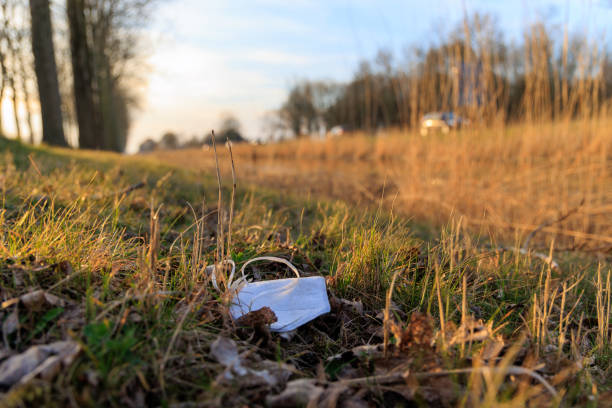 Abandoned mouth mask in grassland next to canal
