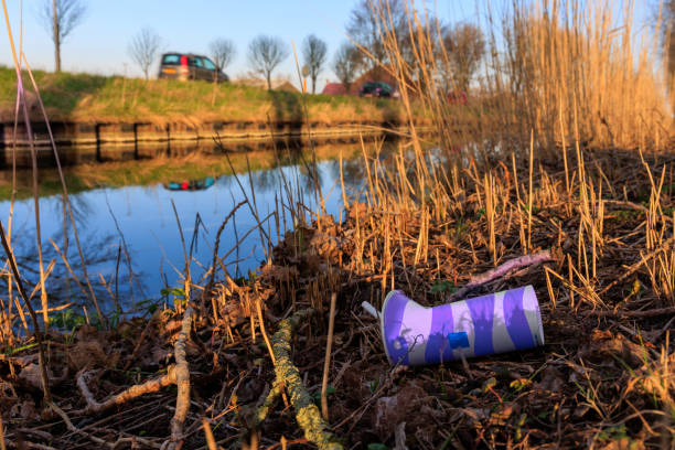 Soft drink cup next to road and canal