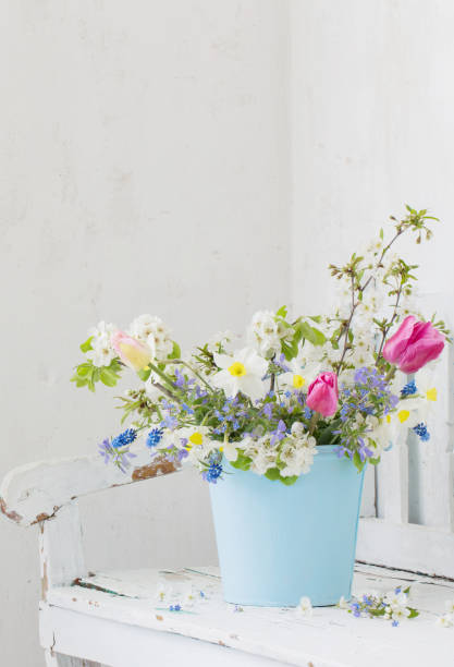 flores da primavera em interior branco vintage com banco de madeira velho - hyacinth flower vase daffodil - fotografias e filmes do acervo