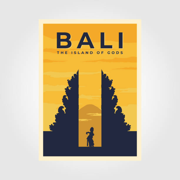 bali wyspa bogów, prowincja indonezyjski plakat kultura vintage projekt ilustracji, projekt plakatu podróżniczego - kuta beach stock illustrations