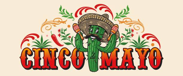 горизонтальный баннер cinco de mayo с кактусом - mexican culture cinco de mayo backgrounds sombrero stock illustrations