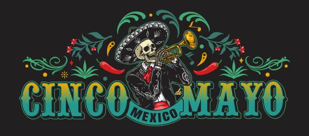 ilustrações de stock, clip art, desenhos animados e ícones de skeleton trumpeter dark horizontal banner - mexican culture cinco de mayo backgrounds sombrero