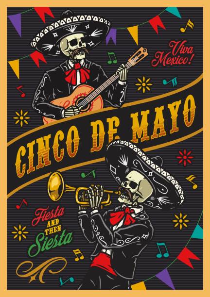 ilustraciones, imágenes clip art, dibujos animados e iconos de stock de cartel vertical de mariachi con músicos - mexican culture cinco de mayo backgrounds sombrero