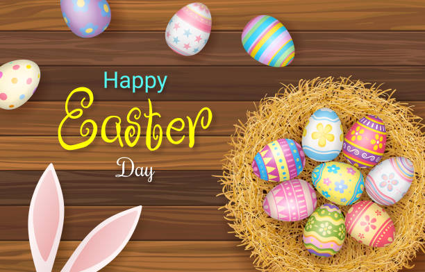 Happy Easter Day colorful egg in nest on beautiful wood background top view with copy space Happy Easter Day colorful egg in nest on beautiful wood background top view with copy space. soft nest stock illustrations