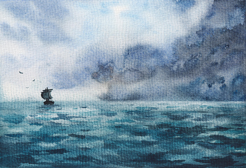 Watercolor seascape with a sailboat and clouds. Image of an impending storm in dark colors on textured paper