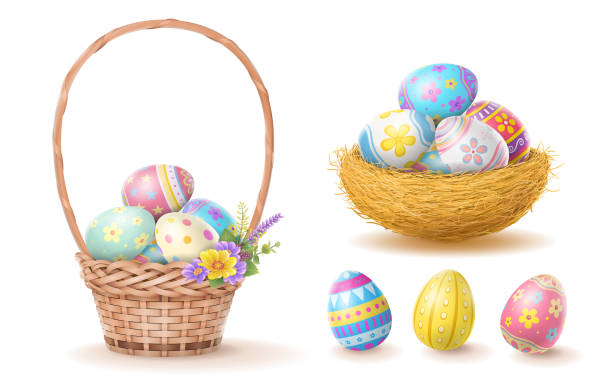 Happy Easter Day colorful egg in basket and nest isolated on white background Happy Easter Day colorful egg in basket and nest isolated on white background. soft nest stock illustrations