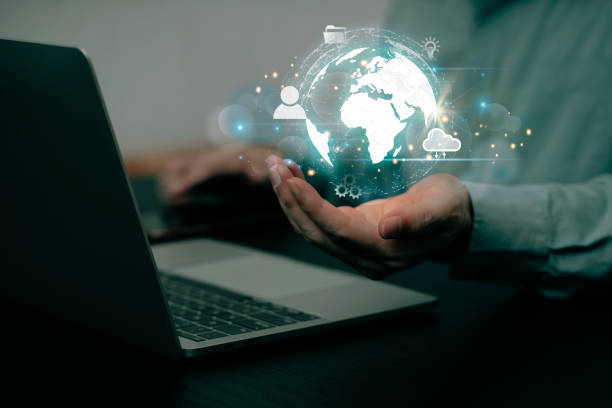 istock Businessman using laptop network connection , Business network connection on investor and customer application technology data exchange and development of business , Media worldwide technology metaverse concept 1386688122