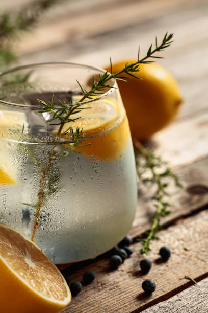 istock Alcohol drink (gin tonic cocktail) with lemon, juniper branch, and ice on rustic wooden table. 1386689171