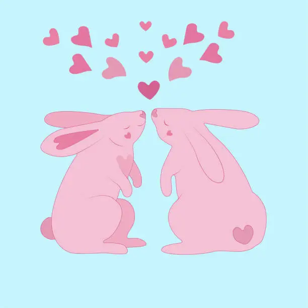 Vector illustration of Two pink cartoon rabbits on a blue background with hearts