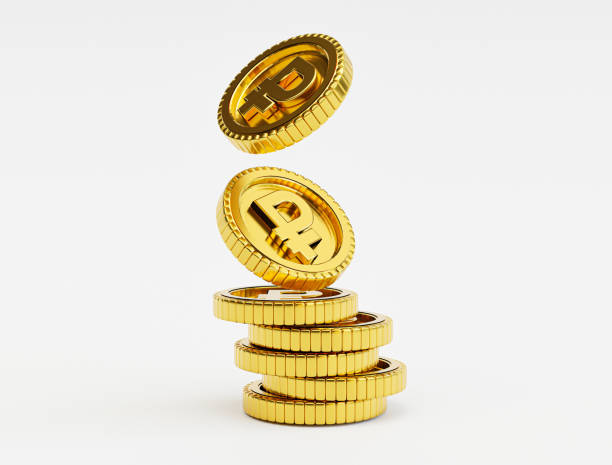 istock Isolated of Golden Russian Ruble coins falling and stacking  on white background by 3d render. 1386692491