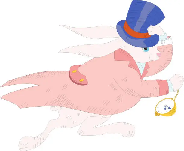 Vector illustration of Running rabbit in a top hat and a tailcoat with a pocket watch