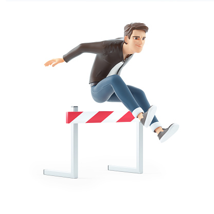 3d cartoon man jumping over hurdle, illustration isolated on white background