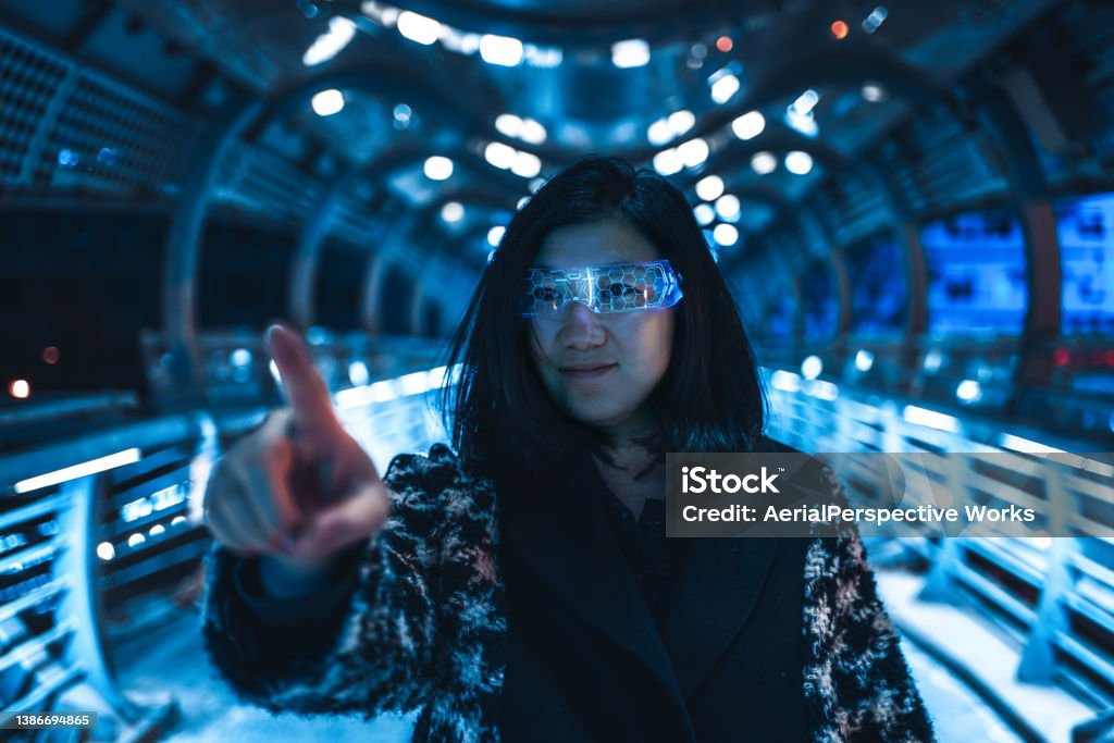 Virtual Reality and Metaverse concept Woman with Futuristic glasses, Virtual Reality and Metaverse concept Metaverse Stock Photo