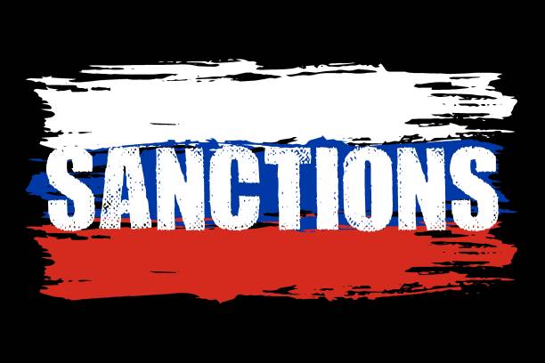 istock Sanctions russia. Political pressure. Grunge text on flag brush. 1386694985