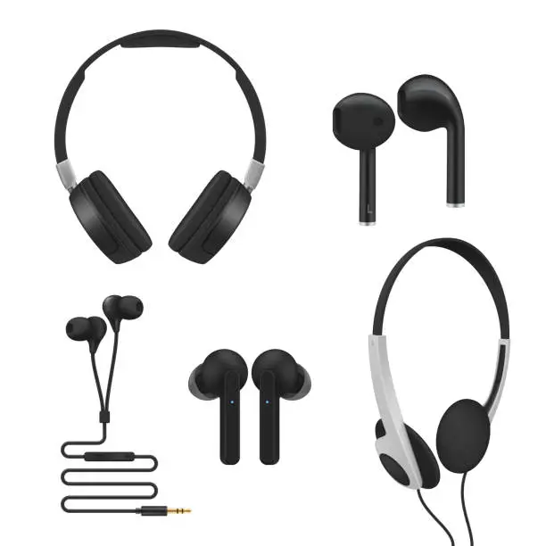 Vector illustration of Collection realistic headphones types vector illustration sound broadcasting electronic devices