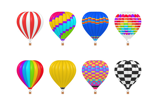 Collection multicolor hot air balloons realistic vector illustration. Set flying vintage striped and checkered transport. Summer adventure sky trip aerostat with basket. Retro airship trip vehicle