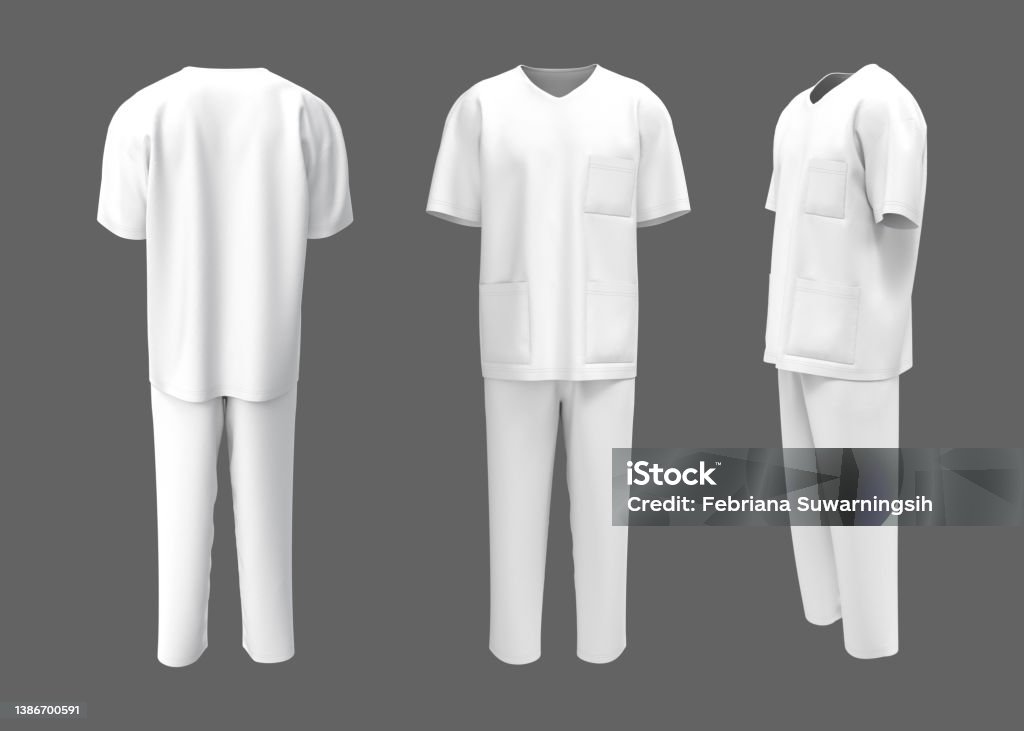 Nurse uniform mockup in front, back and side views. 3d illustration, 3d rendering Medical Scrubs Stock Photo