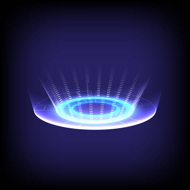 istock Circle teleport podium. Portal and hologram science futuristic stage. Sci-fi digital hi-tech in glowing HUD projector. Magic gate in game fantasy. 3D wave. Product rendering and display template 1386700645