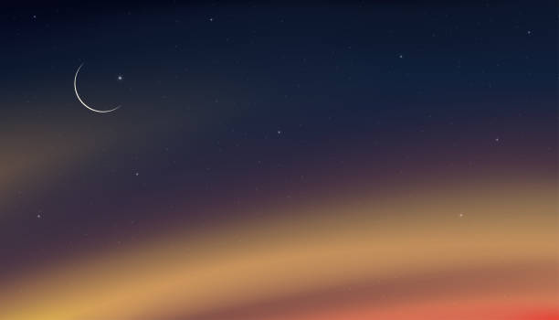 istock Night Sky with Crescent Moon and Stars Shining,Landscape Dramatic Dark Blue, Purple and OrangeSky, Beautiful Dusk Sky and Twilight,Vector illustration Natural for Ramadan Kareem,Eid Mubarak background 1386700664