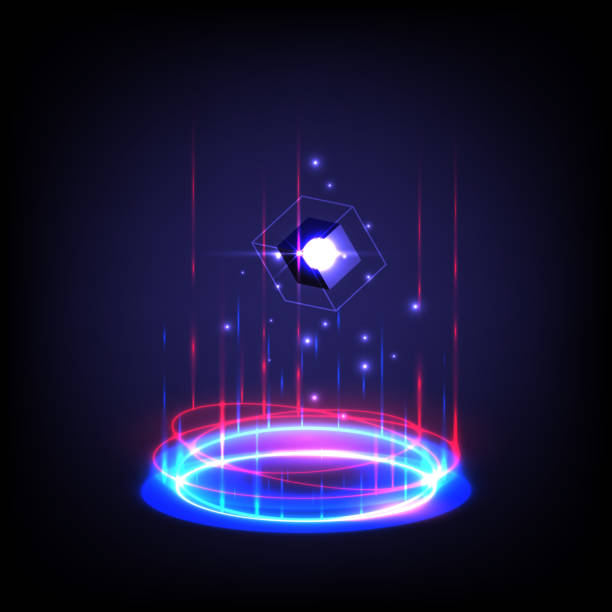 istock Portal and hologram science futuristic stage. Product rendering. Sci-fi digital hi-tech in glowing HUD projector. Magic gate in game fantasy. Circle teleport podium. GUI and UI virtual reality 3D 1386700674