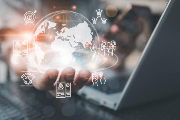 istock Business Strategy Planning on Technology Virtual Connection Concept, Businesswoman Hand Holding Virtual Global Internet for Digital Marketing on Network Connecting Innovation. Business Technology 1386700877