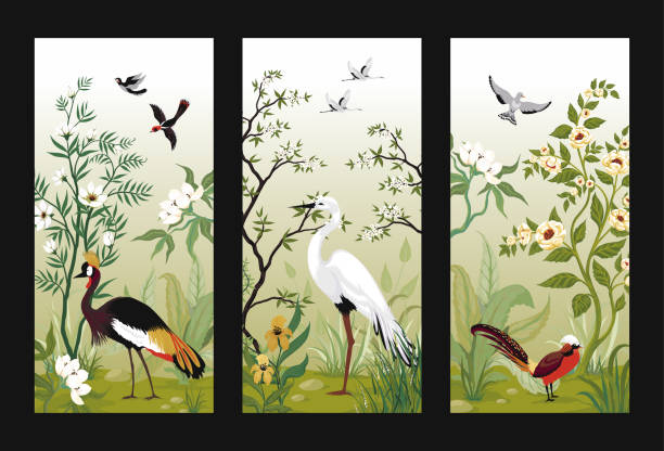 ilustraciones, imágenes clip art, dibujos animados e iconos de stock de cartel de aves chinoiserie. carteles con elementos botánicos orientales tradicionales, flores o garzas. animales elíseos. árboles en flor. jardín asiático. conjunto de banners japoneses. ilustración vectorial - traditional culture heron bird animal