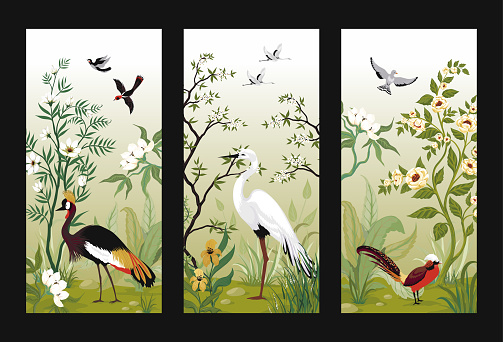 Chinoiserie bird poster. Placards with traditional oriental botanical elements, flowers or herons. Exotic flying animals. Blooming trees. Asian garden. Japanese nature banners set. Vector illustration