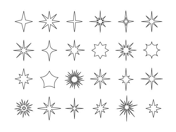 Line star icons. Simple outline sparkling and glowing starry shapes. Doodle twinkling design. Contour firework and glitter particles. Shiny stardust. Vector sky brilliant flares set Line star icons. Simple outline sparkling and glowing different starry shapes. Doodle twinkling design. Isolated contour firework and glitter particles. Shiny stardust. Vector sky brilliant flares set flash stock illustrations