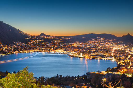 Como, Italy cityscape from above at dawn.