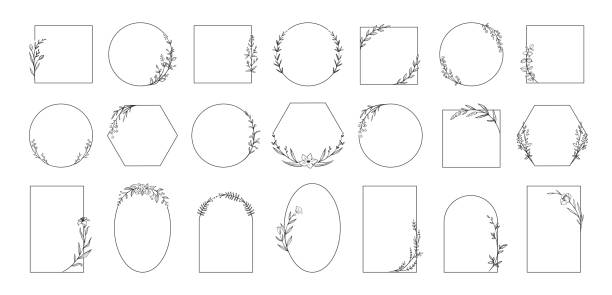 웨딩 로고. 미니멀 한 기하학적 꽃 빈 프레임. 나뭇가지와 꽃과 서예 둥근 또는 사각형 모양. 우아한 허브 또는 꽃. 벡터 식물 윤곽선 테두리 세트 - circle nature botany bud stock illustrations