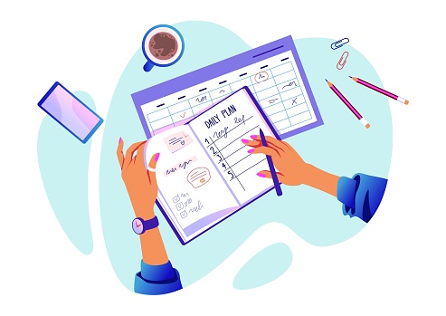 Hands with checklist. Cartoon concept with arms holding organizer and writing check marks. To do list. Day schedule. Task planning. Top view on desk with notepad or agenda planner. Vector illustration